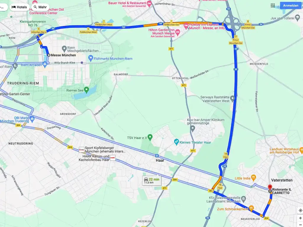Kartenausschnitt Route von der Messe München zum IL CARRETTO