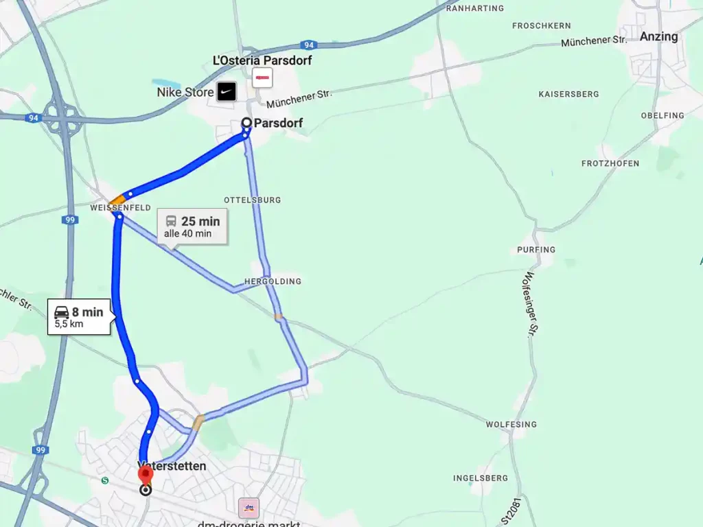 Kartenausschnitt Route von Parsdorf zum IL CARRETTO