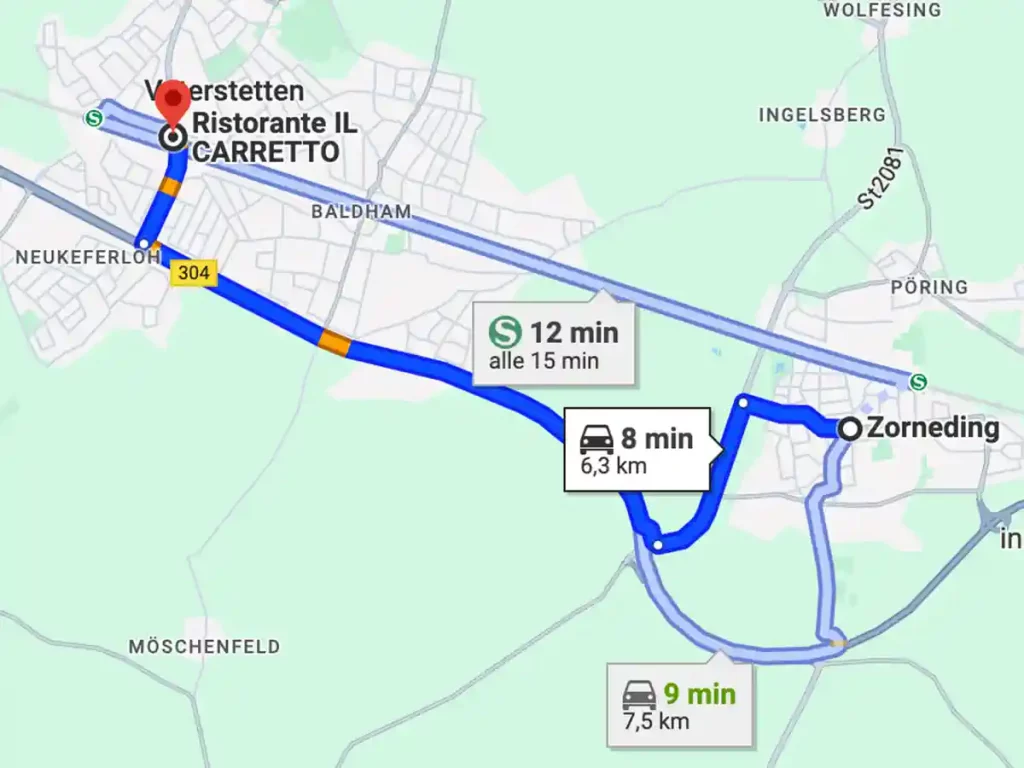 Kartenausschnitt Route von Zorneding zum IL CARRETTO